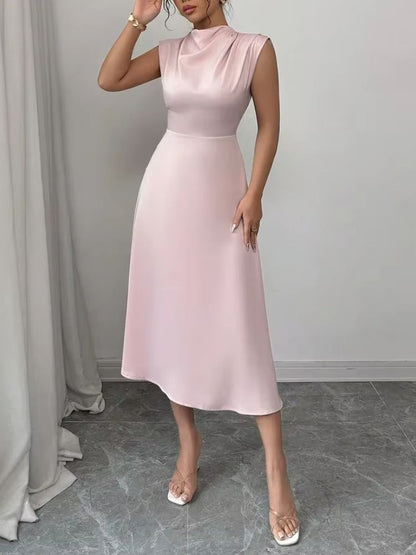 Vestido midi sin mangas con cuello alto y falda acampanada-Midi Dress-Casaluzia
