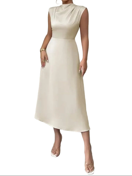 Vestido midi sin mangas con cuello alto y falda acampanada-Midi Dress-Casaluzia