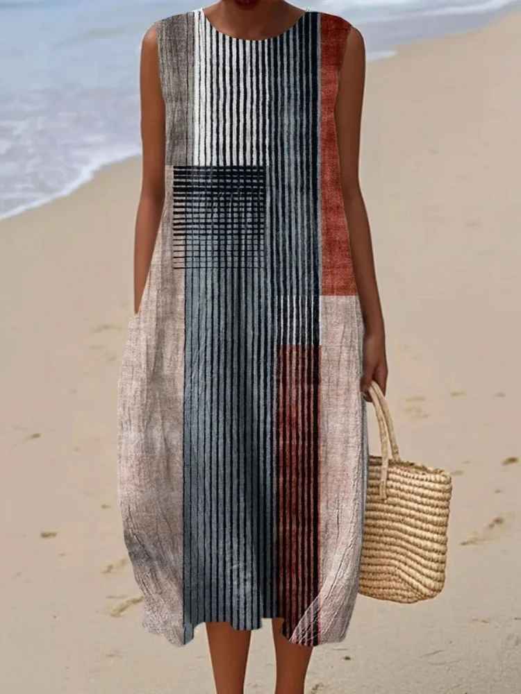 Vestido midi sin mangas con estampado abstracto para mujer-Midi Dress-Casaluzia