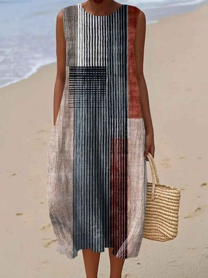 Vestido midi sin mangas con estampado abstracto para mujer-Midi Dress-Casaluzia