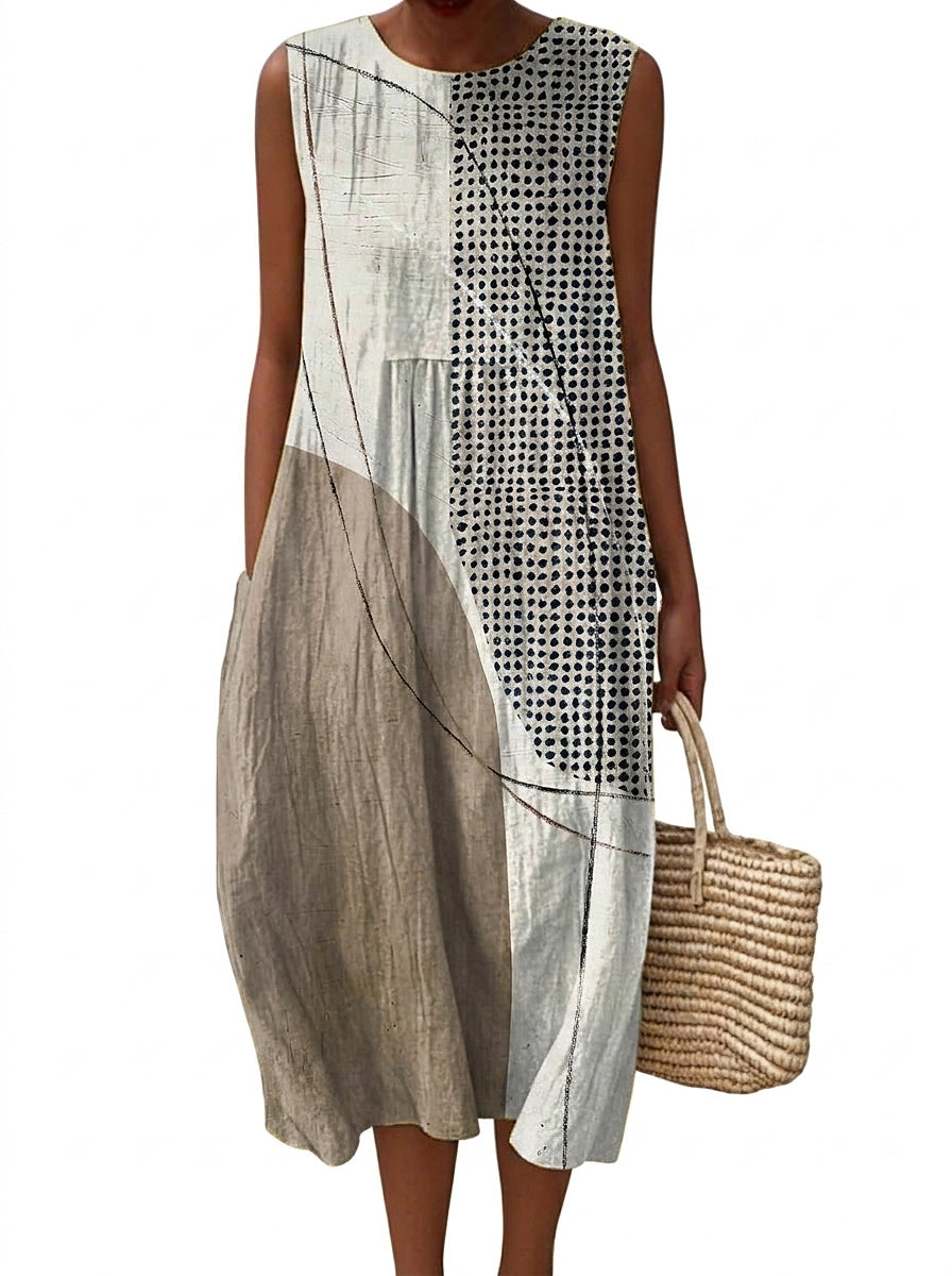 Vestido midi sin mangas con estampado abstracto para mujer-Midi Dress-Casaluzia