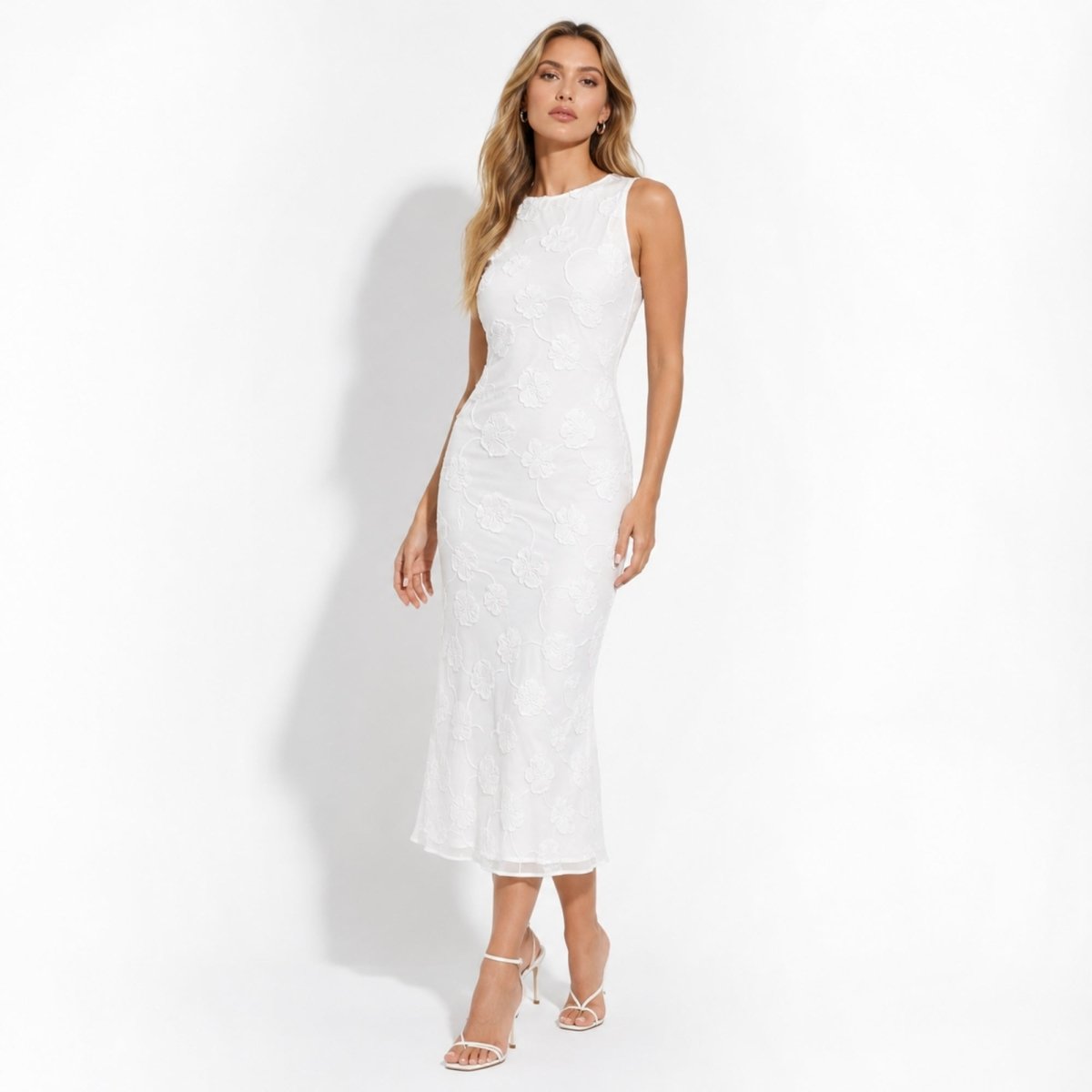 Vestido midi sin mangas con estampado floral para mujer-Midi Dress-Casaluzia