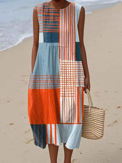 Vestido midi sin mangas con estampado geométrico para mujer-Midi Dress-Casaluzia