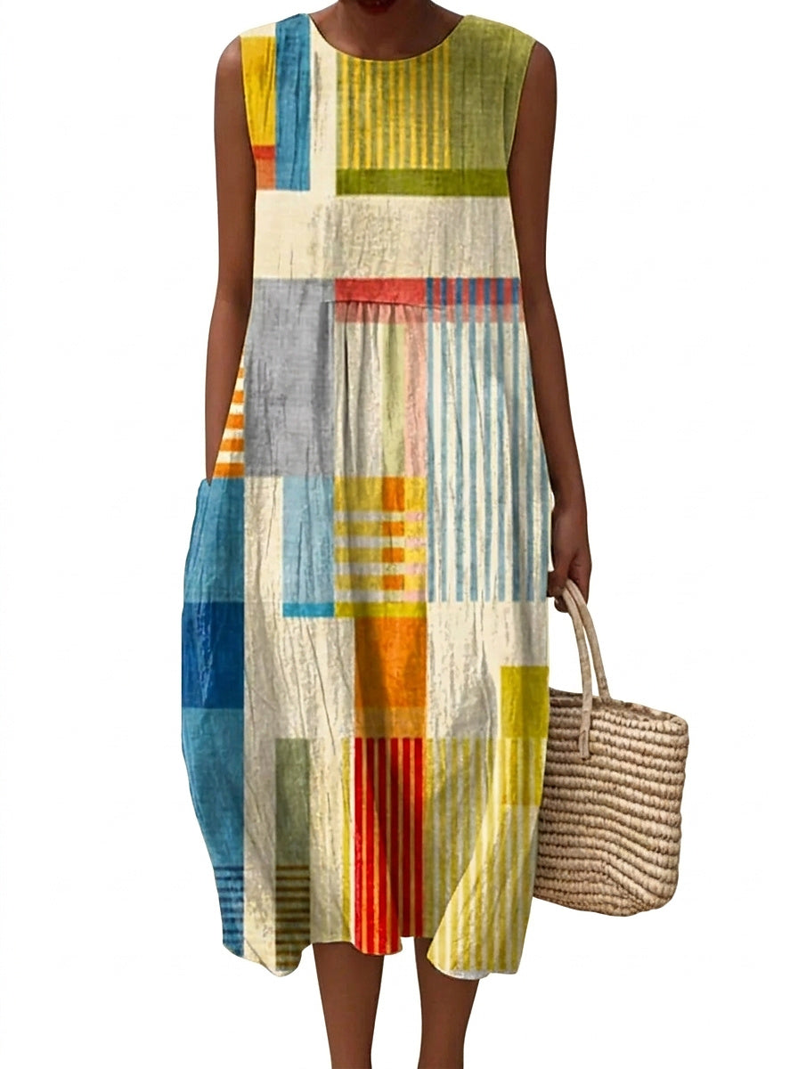 Vestido midi sin mangas con estampado geométrico para mujer-Midi Dress-Casaluzia