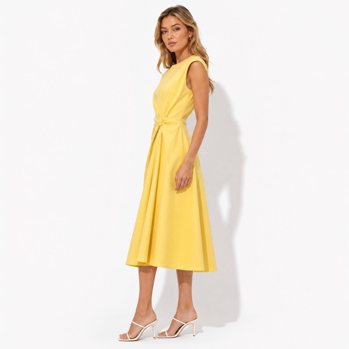 Vestido midi sin mangas con nudo lateral para mujer-Midi Dress-Casaluzia