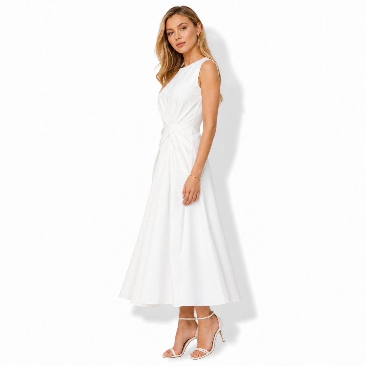 Vestido midi sin mangas con nudo lateral para mujer-Midi Dress-Casaluzia