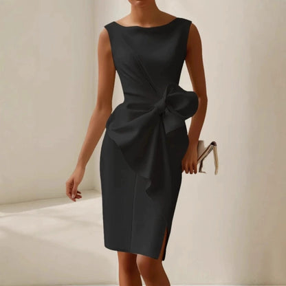 Vestido midi sin mangas para mujer con detalle de lazo-Midi Dress-Casaluzia