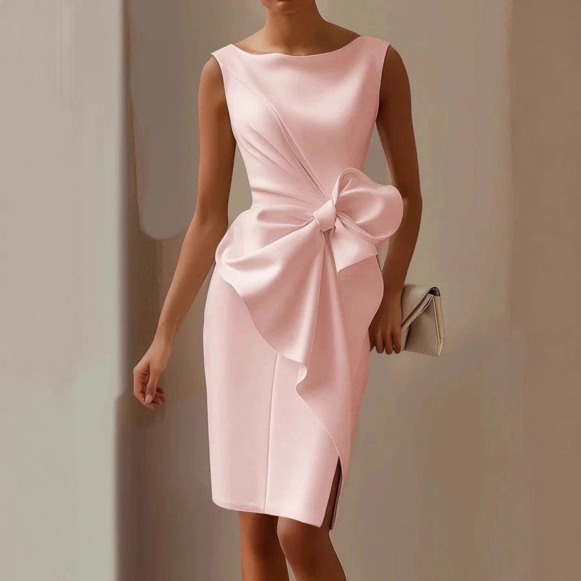 Vestido midi sin mangas para mujer con detalle de lazo-Midi Dress-Casaluzia