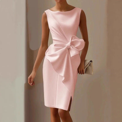 Vestido midi sin mangas para mujer con detalle de lazo-Midi Dress-Casaluzia
