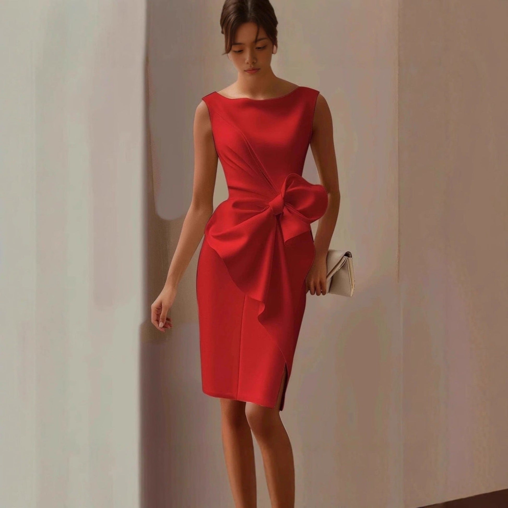 Vestido midi sin mangas para mujer con detalle de lazo-Midi Dress-Casaluzia