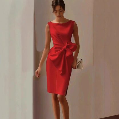 Vestido midi sin mangas para mujer con detalle de lazo-Midi Dress-Casaluzia