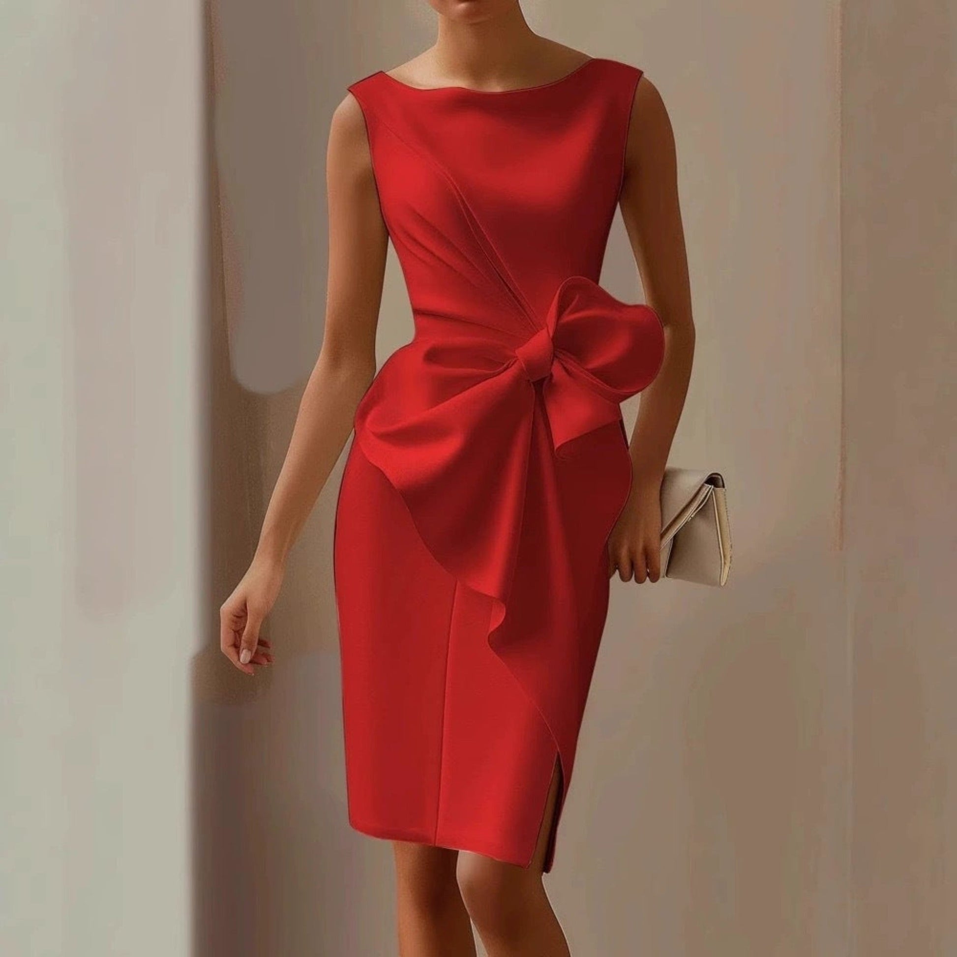 Vestido midi sin mangas para mujer con detalle de lazo-Midi Dress-Casaluzia