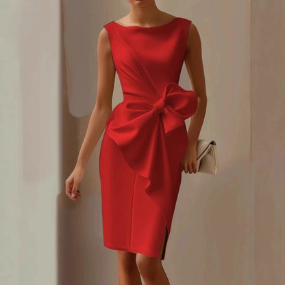 Vestido midi sin mangas para mujer con detalle de lazo-Midi Dress-Casaluzia