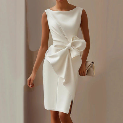 Vestido midi sin mangas para mujer con detalle de lazo-Midi Dress-Casaluzia