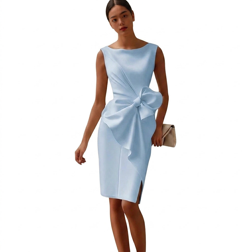 Vestido midi sin mangas para mujer con detalle de lazo-Midi Dress-Casaluzia