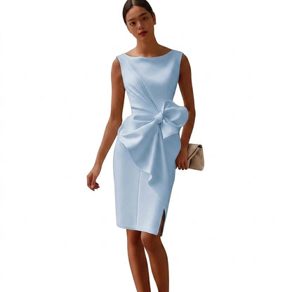 Vestido midi sin mangas para mujer con detalle de lazo-Midi Dress-Casaluzia