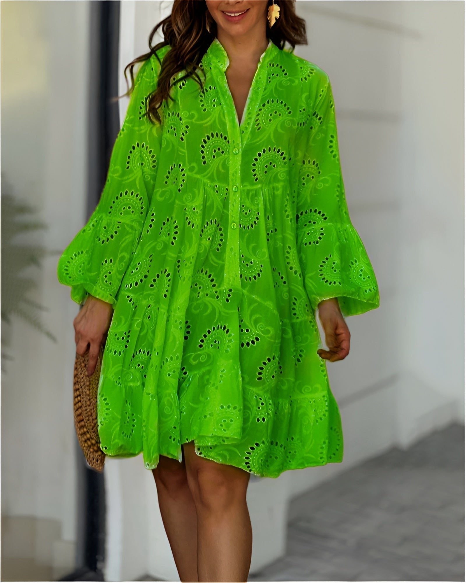 Vestido mini camisero con bordado inglés para mujer-Mini Dress-Casaluzia