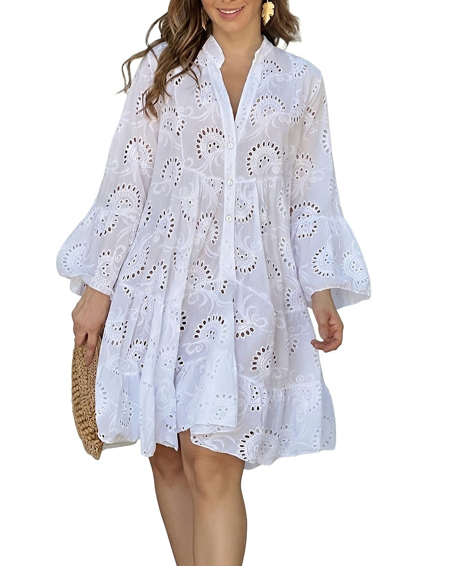 Vestido mini camisero con bordado inglés para mujer-Mini Dress-Casaluzia