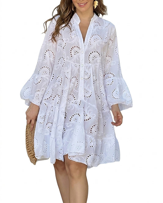 Vestido mini camisero con bordado inglés para mujer-Mini Dress-Casaluzia