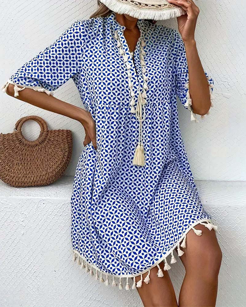 Vestido mini con estampado geométrico y borlas para mujer-Mini Dress-Casaluzia