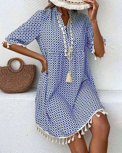 Vestido mini con estampado geométrico y borlas para mujer-Mini Dress-Casaluzia