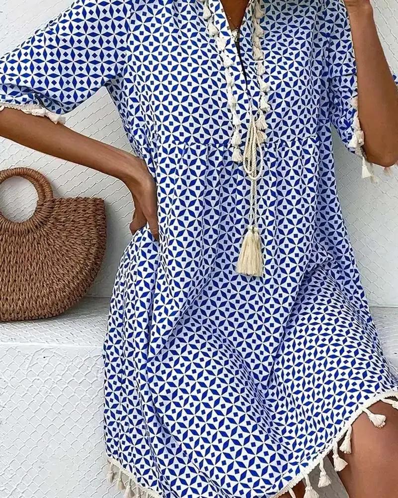 Vestido mini con estampado geométrico y borlas para mujer-Mini Dress-Casaluzia