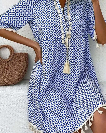 Vestido mini con estampado geométrico y borlas para mujer-Mini Dress-Casaluzia