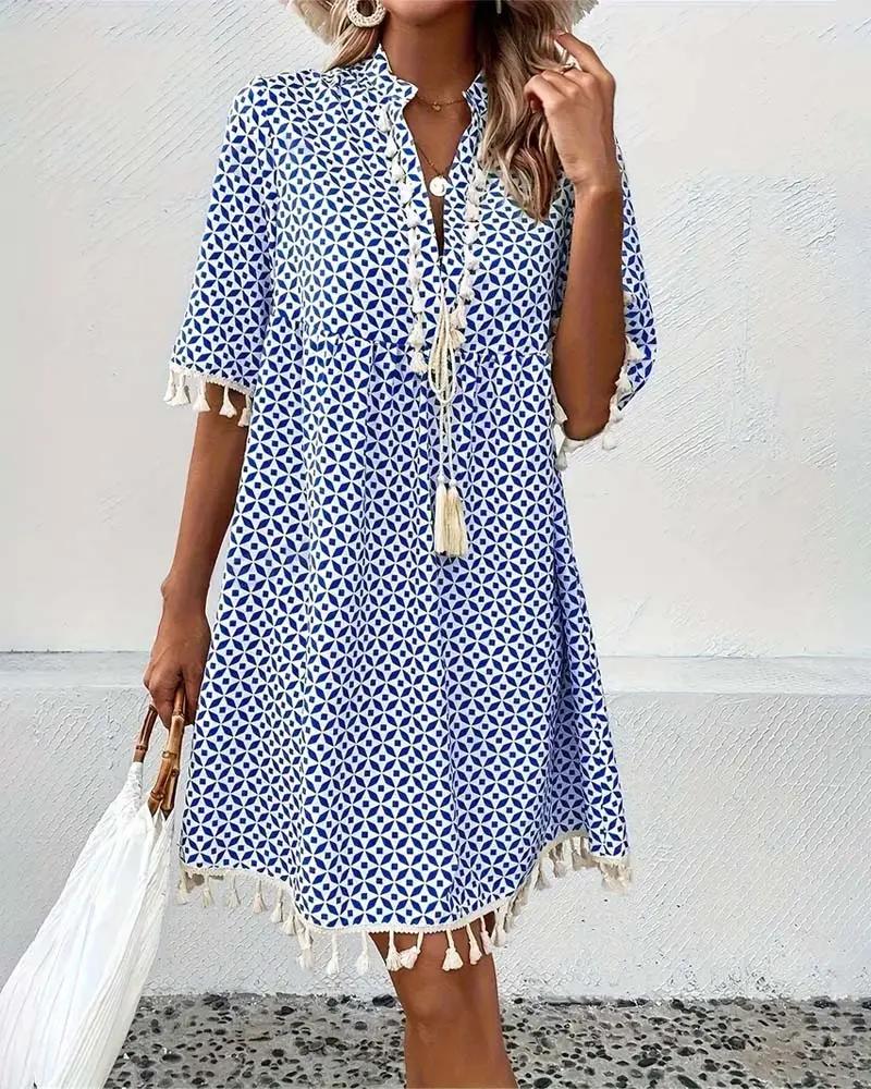 Vestido mini con estampado geométrico y borlas para mujer-Mini Dress-Casaluzia