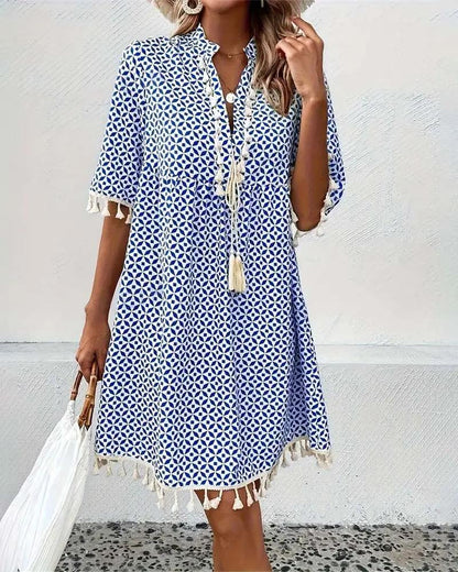 Vestido mini con estampado geométrico y borlas para mujer-Mini Dress-Casaluzia