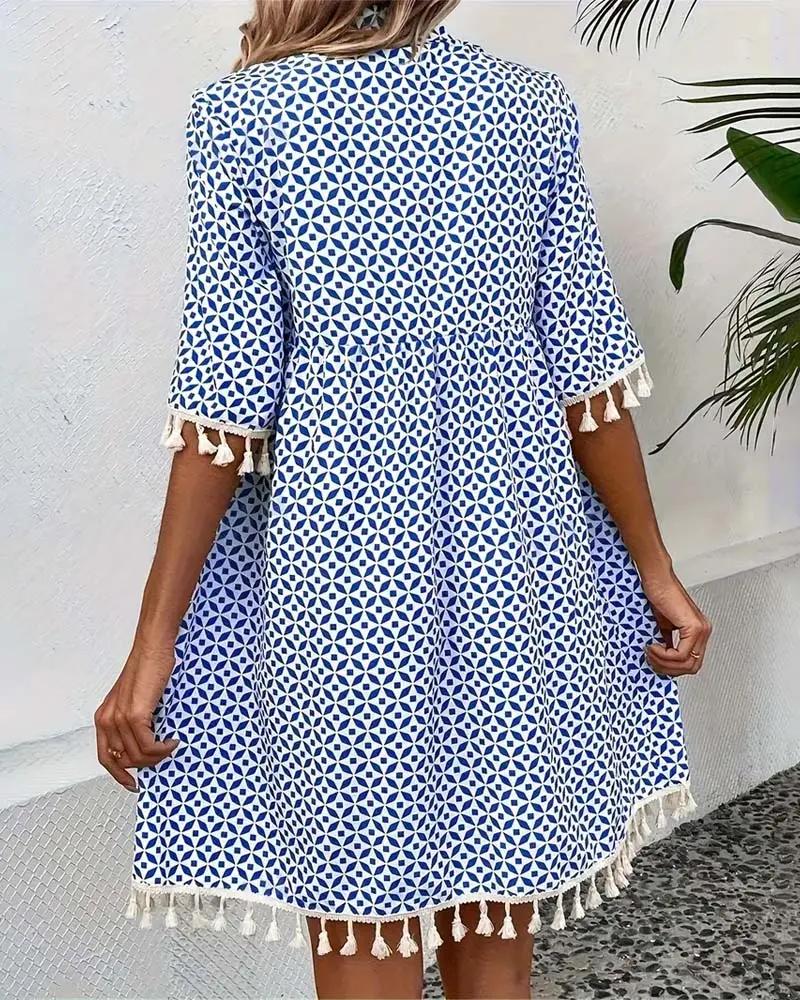 Vestido mini con estampado geométrico y borlas para mujer-Mini Dress-Casaluzia