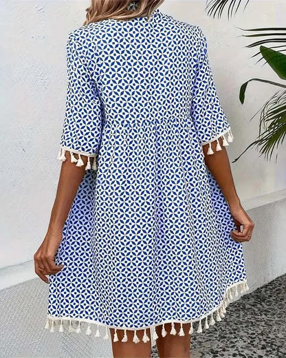 Vestido mini con estampado geométrico y borlas para mujer-Mini Dress-Casaluzia
