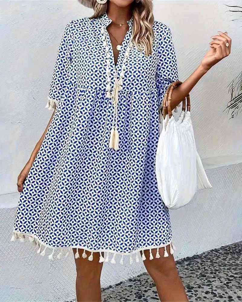 Vestido mini con estampado geométrico y borlas para mujer-Mini Dress-Casaluzia