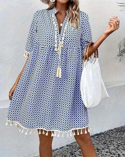 Vestido mini con estampado geométrico y borlas para mujer-Mini Dress-Casaluzia