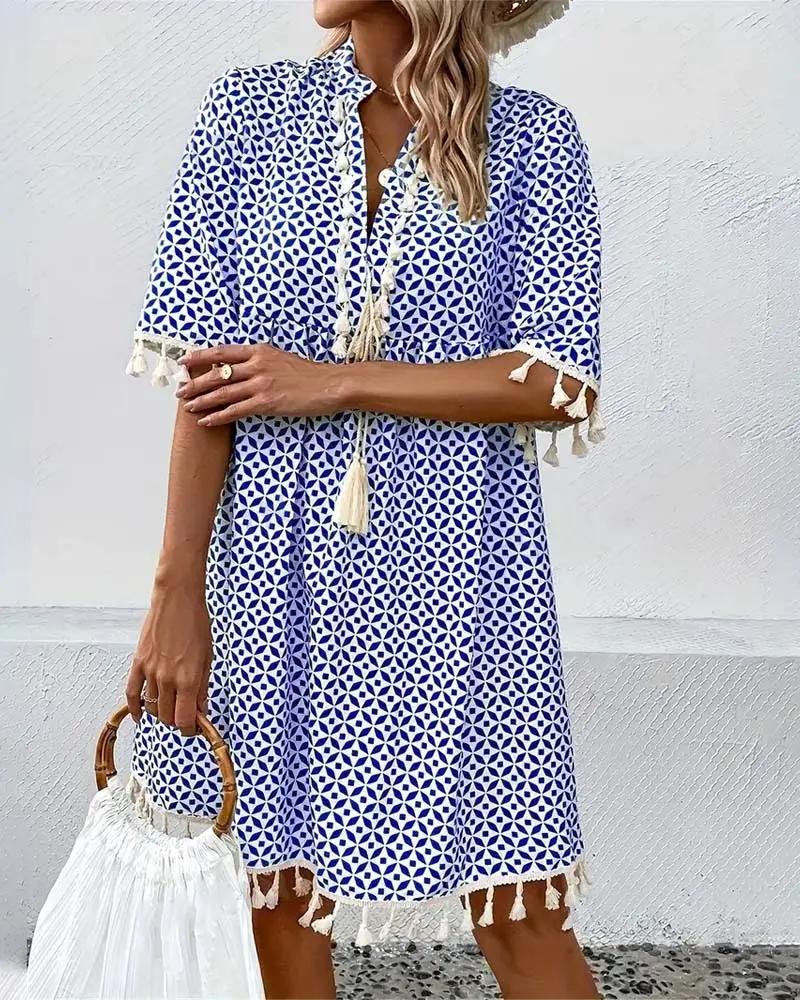Vestido mini con estampado geométrico y borlas para mujer-Mini Dress-Casaluzia