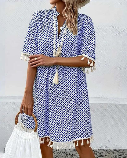 Vestido mini con estampado geométrico y borlas para mujer-Mini Dress-Casaluzia