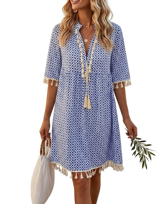 Vestido mini con estampado geométrico y borlas para mujer-Mini Dress-Casaluzia