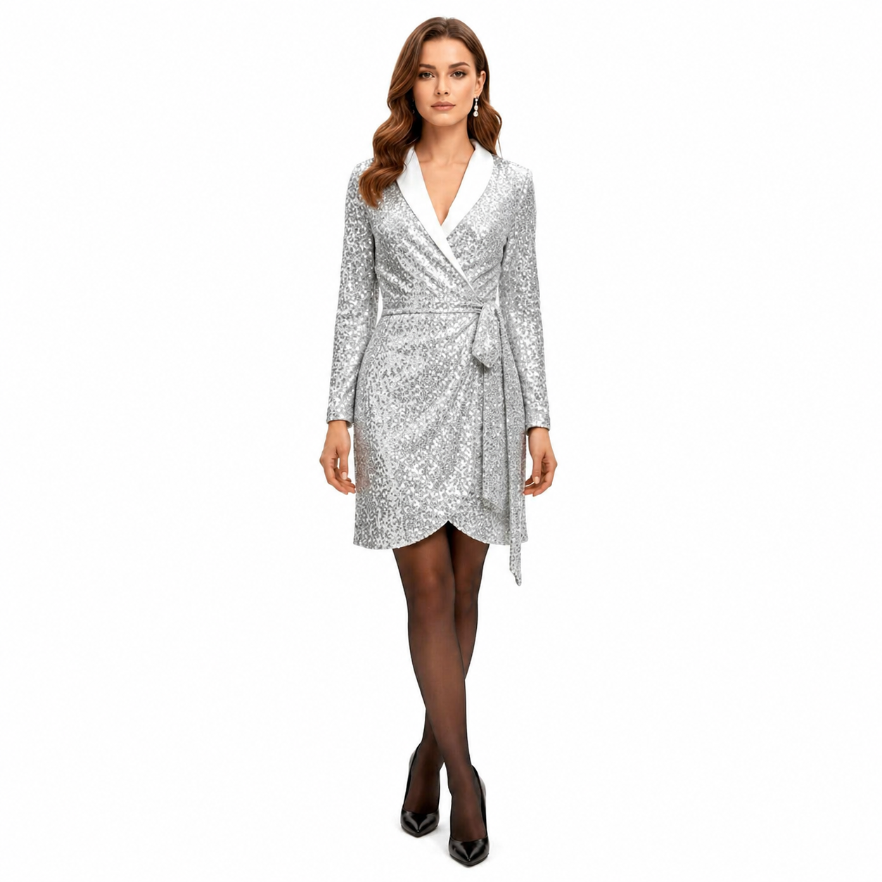 Vestido Mini Cruzado de Lentejuelas para Mujer con Cuello Chal y Lazo en la Cintura-Mini Dress-Casaluzia