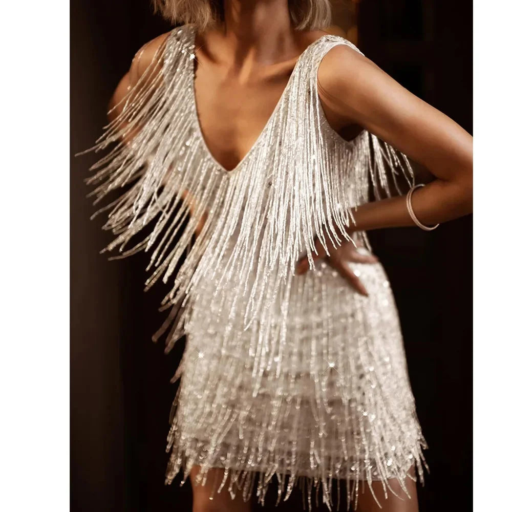 Vestido mini de flecos escalonados con cuello en V para mujer-Mini Dress-Casaluzia