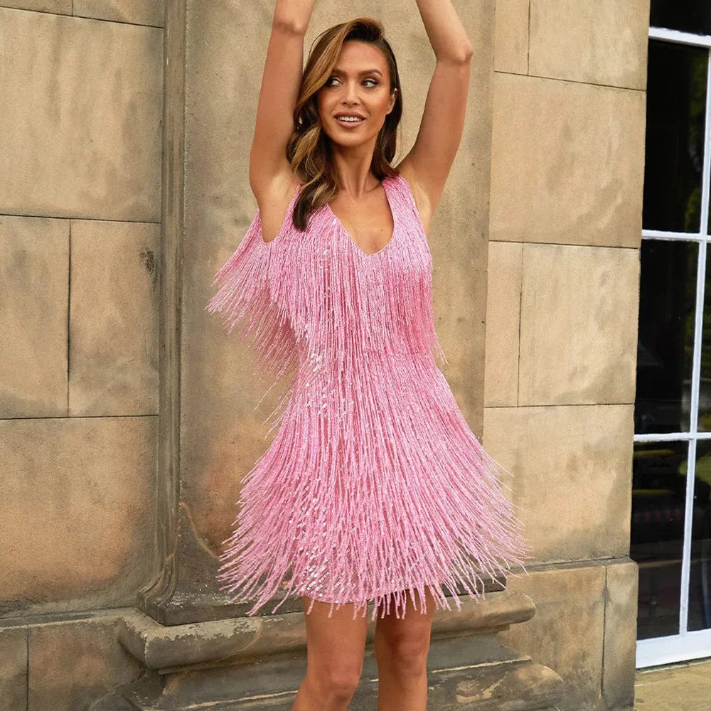 Vestido mini de flecos escalonados con cuello en V para mujer-Mini Dress-Casaluzia
