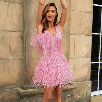 Vestido mini de flecos escalonados con cuello en V para mujer-Mini Dress-Casaluzia
