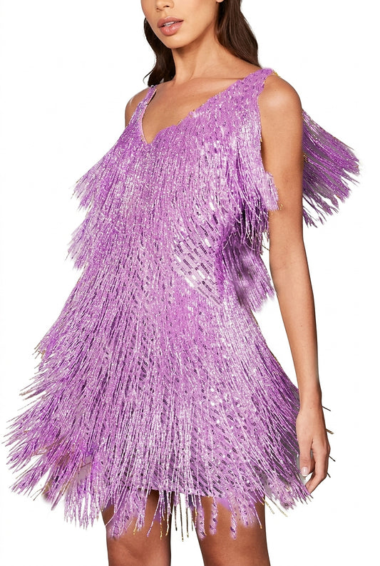 Vestido mini de flecos escalonados con cuello en V para mujer-Mini Dress-Casaluzia