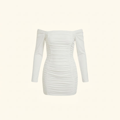 Vestido mini de mujer con escote de hombros descubiertos, mangas largas y paneles fruncidos-Mini Dress-Casaluzia