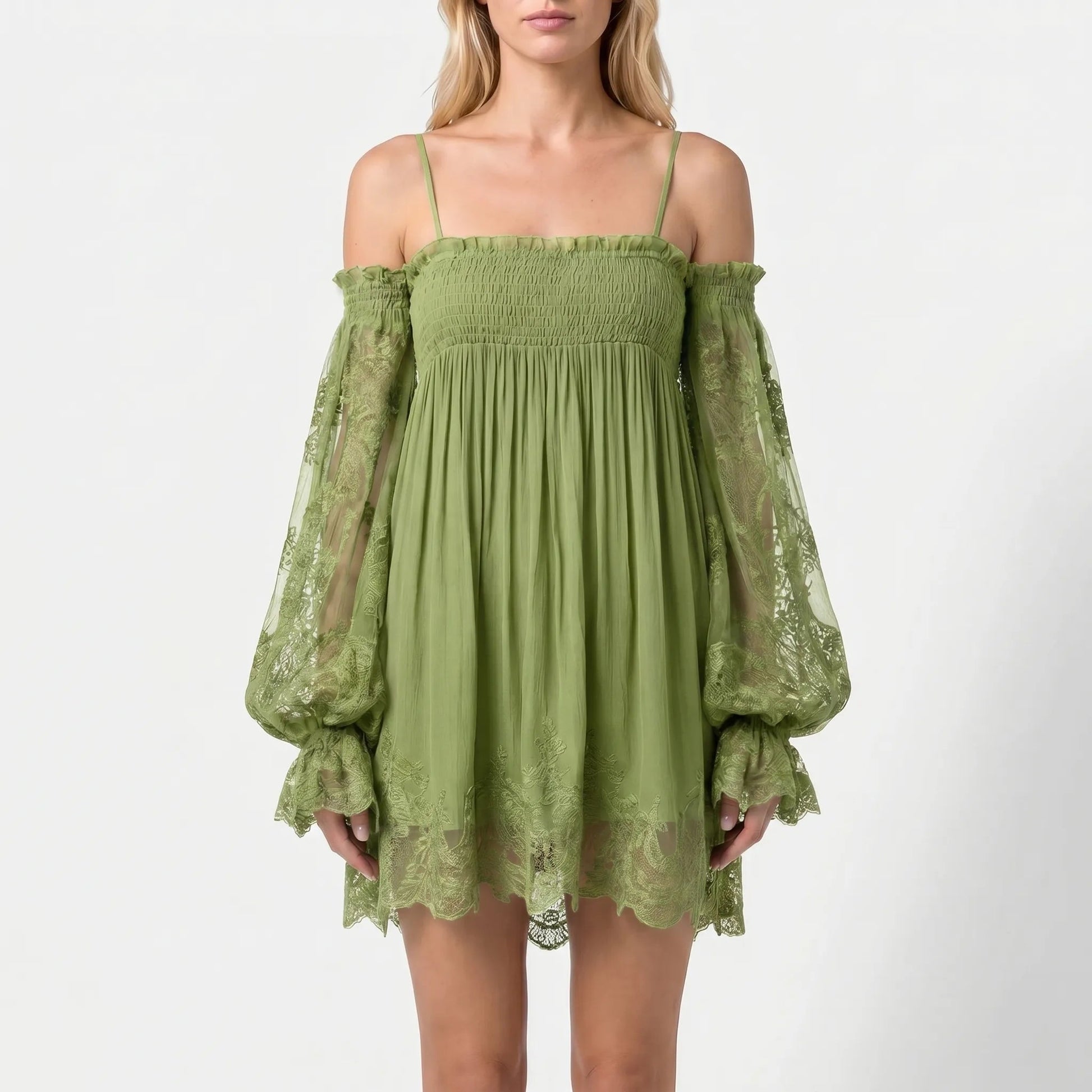 Vestido mini de mujer con hombros descubiertos y mangas de encaje-Mini Dress-Casaluzia