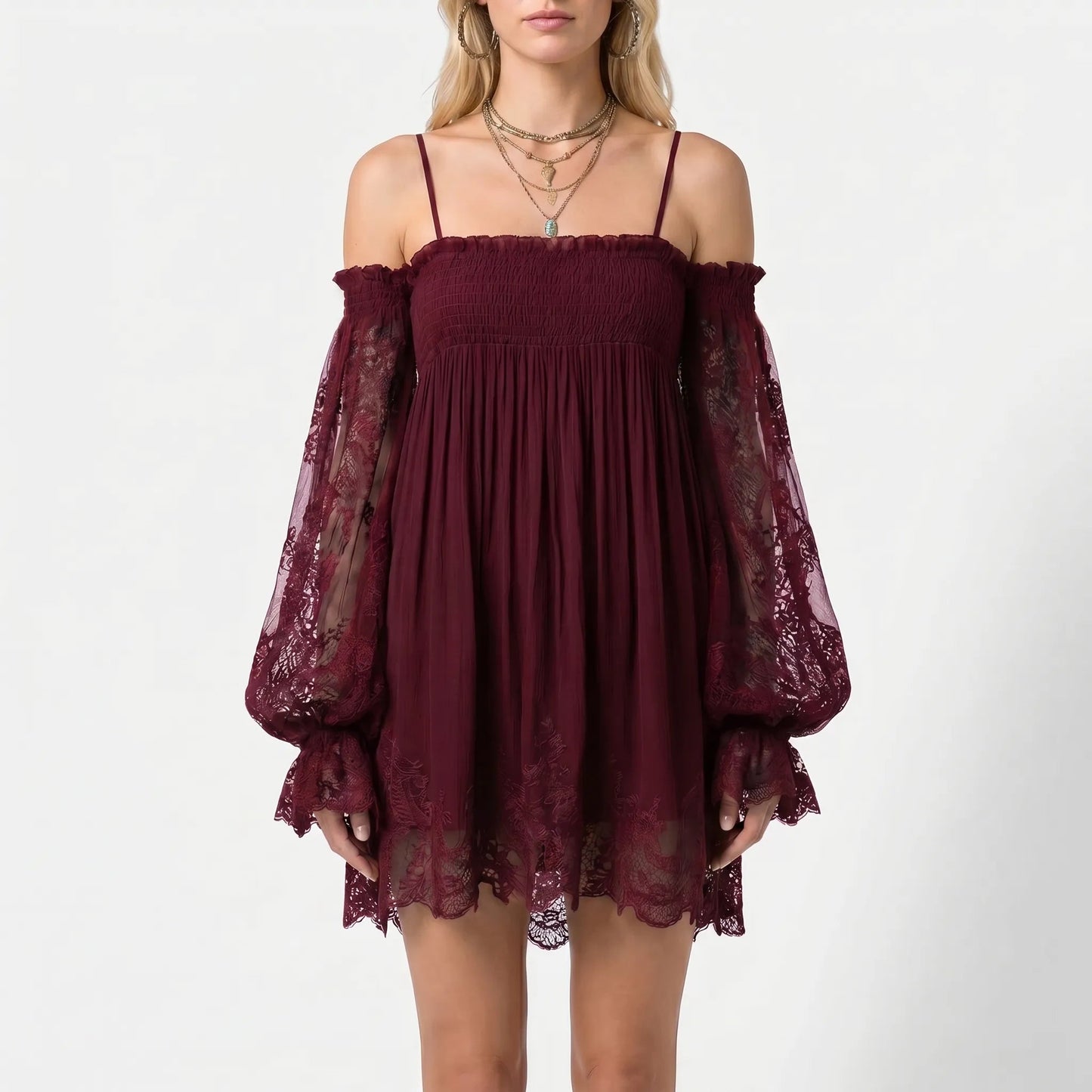 Vestido mini de mujer con hombros descubiertos y mangas de encaje-Mini Dress-Casaluzia
