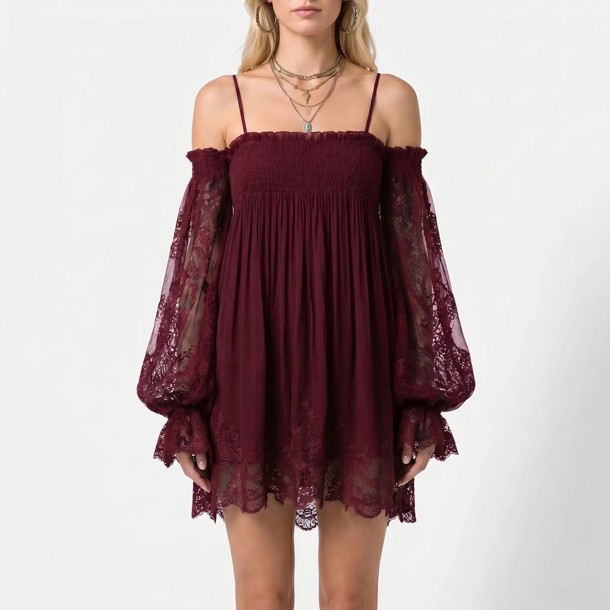 Vestido mini de mujer con hombros descubiertos y mangas de encaje-Mini Dress-Casaluzia