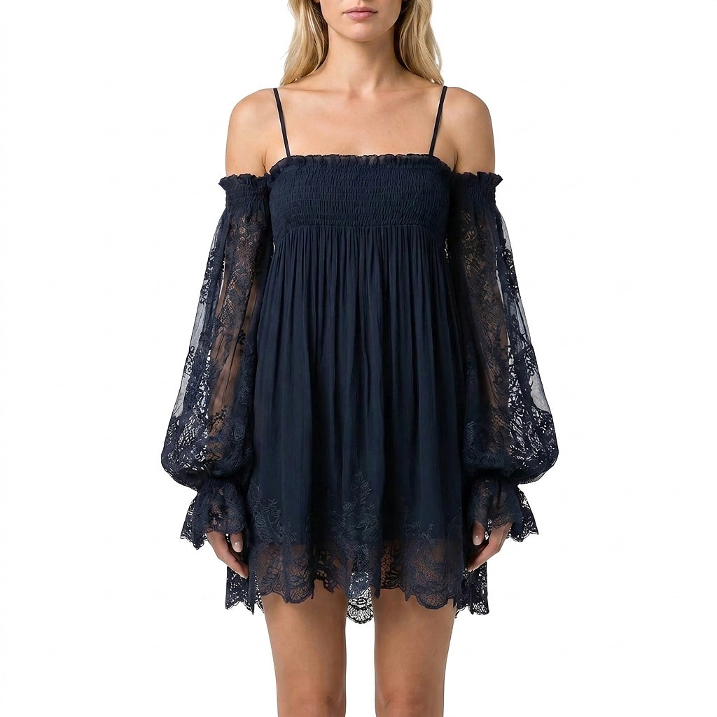 Vestido mini de mujer con hombros descubiertos y mangas de encaje-Mini Dress-Casaluzia