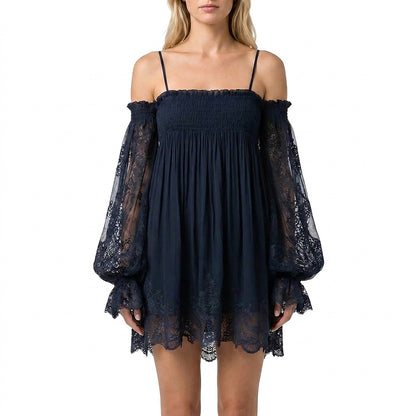 Vestido mini de mujer con hombros descubiertos y mangas de encaje-Mini Dress-Casaluzia