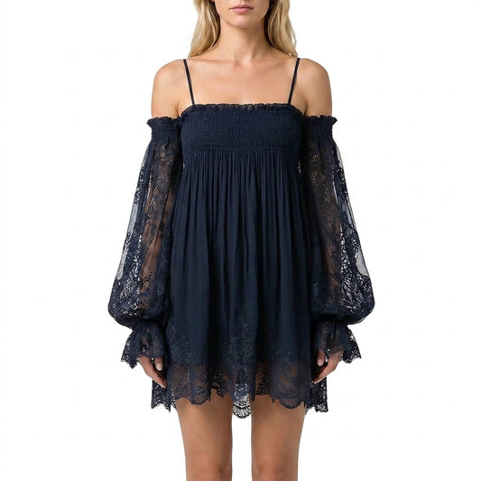 Vestido mini de mujer con hombros descubiertos y mangas de encaje-Mini Dress-Casaluzia