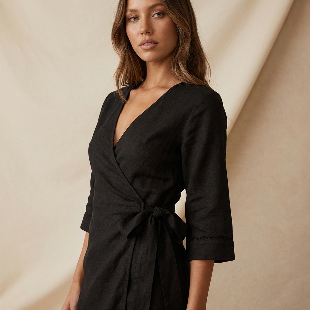 Vestido mini de mujer de manga corta con escote en V, diseño cruzado y lazo lateral-Mini Dress-Casaluzia
