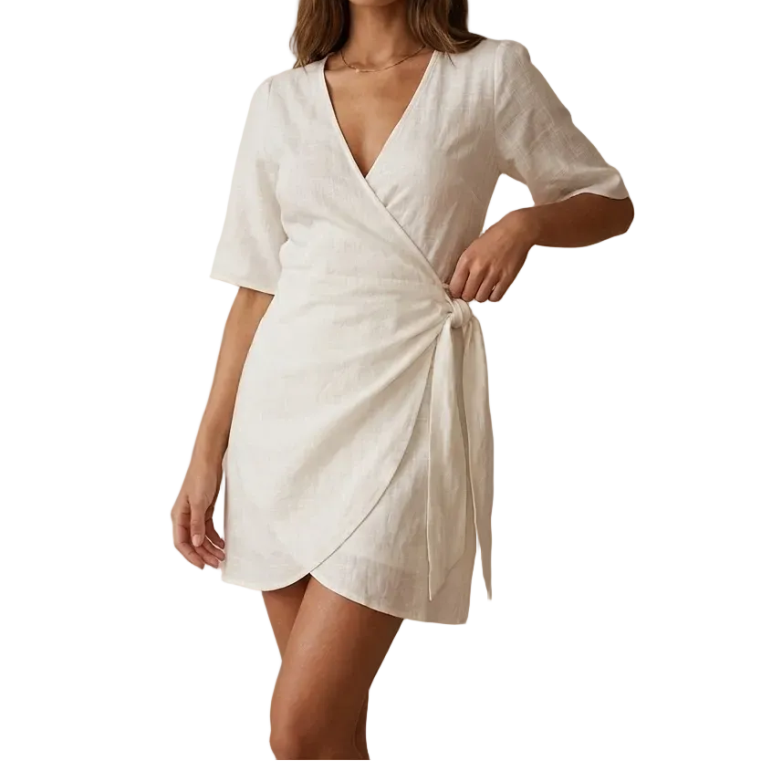 Vestido mini de mujer de manga corta con escote en V, diseño cruzado y lazo lateral-Mini Dress-Casaluzia